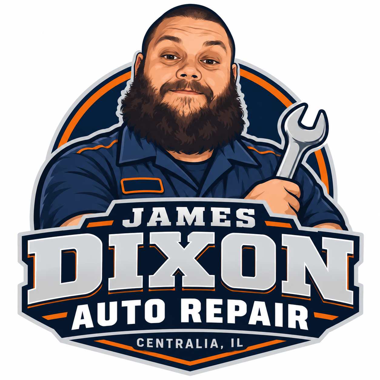 James Dixon Auto Repair logo featuring James with his distinctive beard and a wrench; Centralia, Illinois